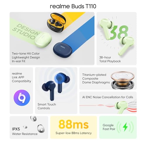 realme Buds T110 Bluetooth Truly Wireless in Ear Earbuds with mic, AI ENC for Calls, Google Fast Pair, 28 Hours Total Playback with Fast Charging and Low Latency Gaming Mode (Punk Black)