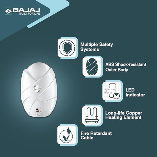 Bajaj Skive 5 Litre Instant Water Heater for home| High Grade SS Tank| Multiple Safety System| Suitable for High Rise| Shock Resistant| Rust Proof Outer| 5-Year* Tank Warranty by Bajaj |White