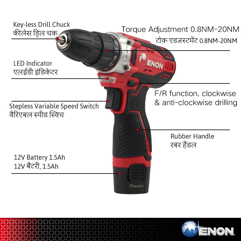 Enon 12V Cordless Drill Machine For Home Use, Compact Cordless Screw Driver, Powerful, 2-Speed, Led, 1500Rpm, 1-10Mm Chuck, Reversible Switch, Drilling, Heavy Duty, 1500 Mah Battery - Black