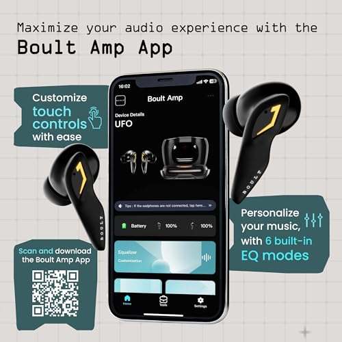 Boult Audio UFO Truly Wireless in Ear Earbuds with 48H Playtime, Built-in App Support, 45ms Low Latency Gaming, 4 Mics ENC, Breathing LEDs, 13mm Bass Drivers Ear Buds TWS, Made in India (White Opal)