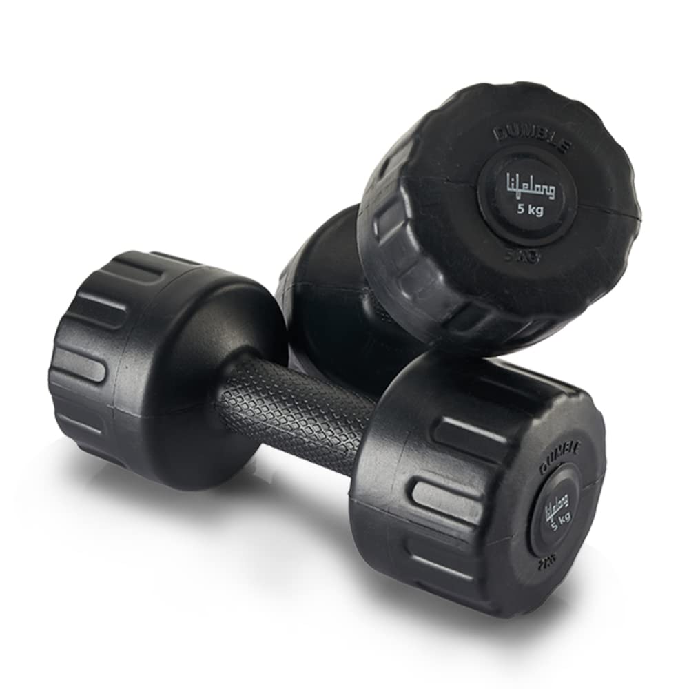 Lifelong PVC Hex Dumbbells Pack of 2 (5kg*2) Black Color for Home Gym Equipment Fitness Barbell|Gym Exercise|Home Workout, Gym Dumbbells|Dumbbells Weights for Men & Women (6 Months Warranty)