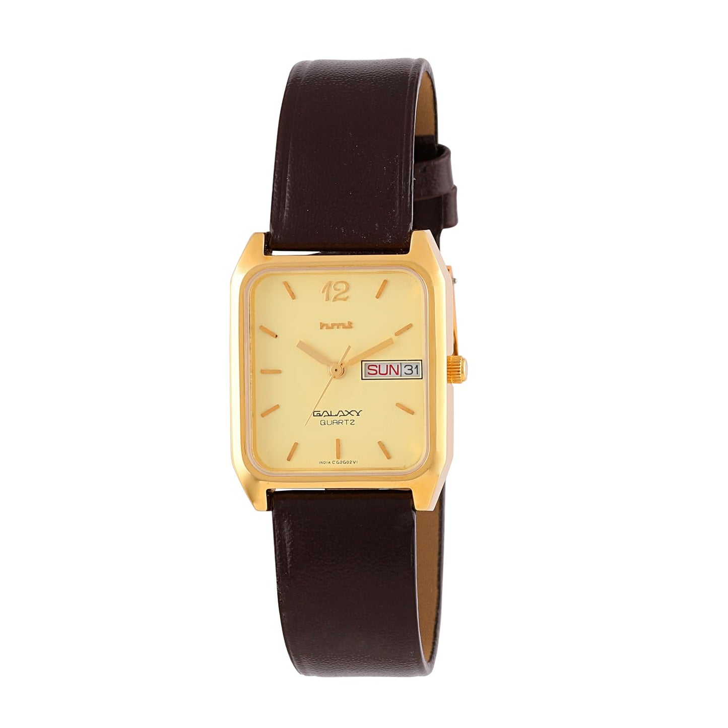 HMT Leather Galaxy Cg2G02 Ls Yellow Color Analog Watch For Men | 1 Year Manufacturer Warranty | Water Resistant, Band Color:Brown, Dial_Gold