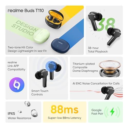 realme Buds T110 Bluetooth Truly Wireless in Ear Earbuds with mic, AI ENC for Calls, Google Fast Pair, 28 Hours Total Playback with Fast Charging and Low Latency Gaming Mode (Punk Black)