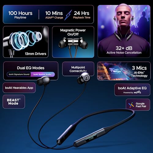 boAt Rockerz 255 Pro+ w/Upto 60 Hours Playback, ASAP Charge(10 Mins=20 Hours), Hearables App Support, Google Fast Pair, Dual Pairing & Bluetooth v5.2, IPX7, in Ear Neckband(Navy Blue)