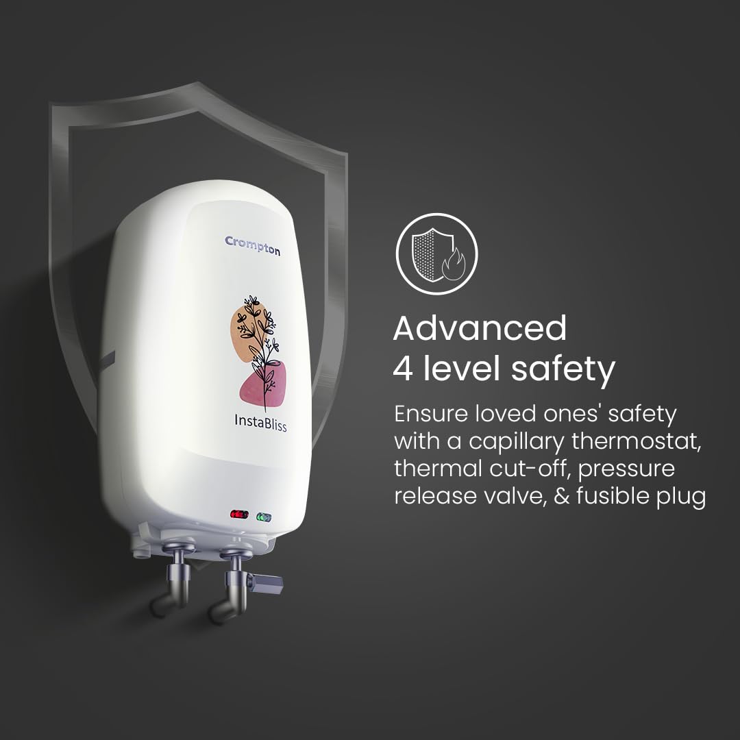 Crompton InstaBliss|3L|3000-Watts Powerful Heating|Electric Instant Water Heater (Geyser) for home|High Grade SS Tank with Advanced 4 Level Safety|Rust-Proof|White|Wall Mounting