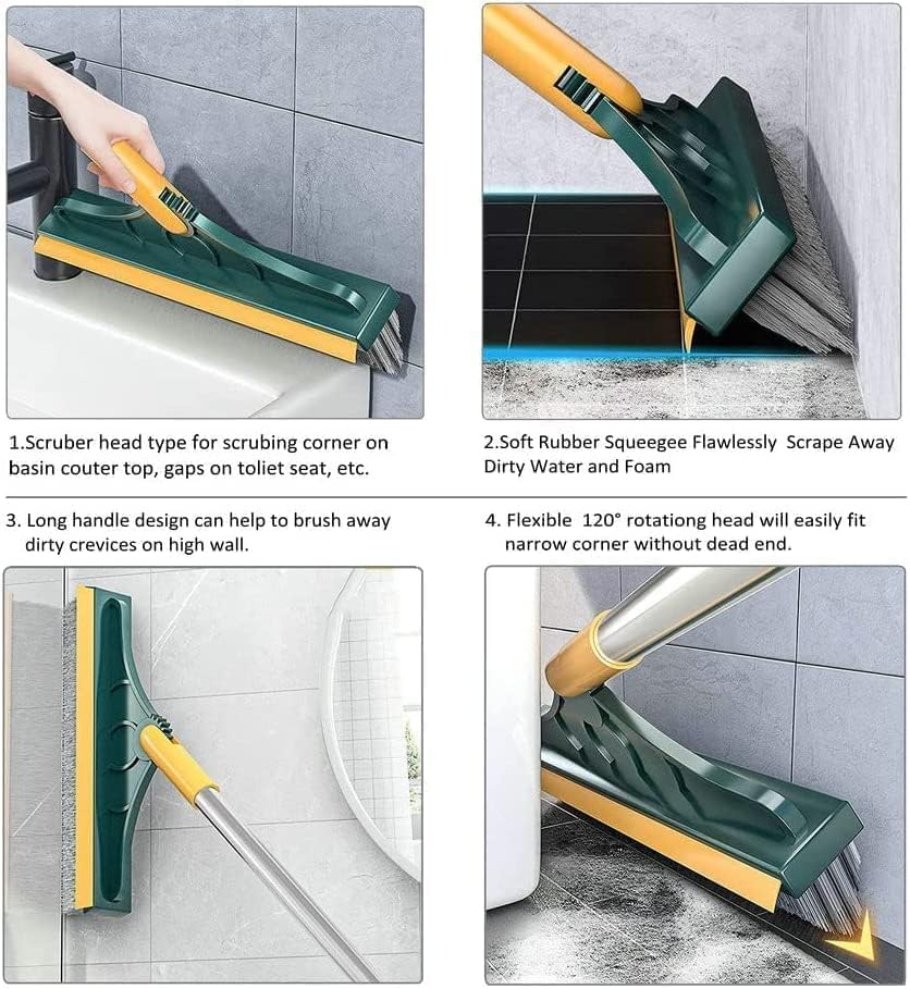 Bathroom Cleaning Brush with Wiper 2 in 1 Tiles Cleaning Brush with Long Handle 120° Rotate Bathroom Floor Cleaning Brush Floor Scrub Bathroom Brush Home (Yellow-Green-Siver)