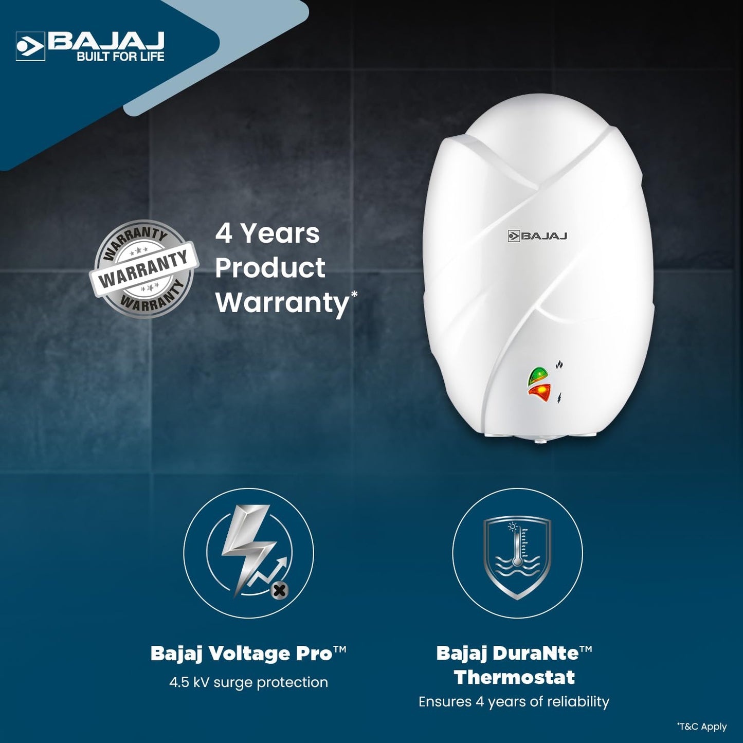 Bajaj Skive 5 Litre Instant Water Heater for home| High Grade SS Tank| Multiple Safety System| Suitable for High Rise| Shock Resistant| Rust Proof Outer| 5-Year* Tank Warranty by Bajaj |White