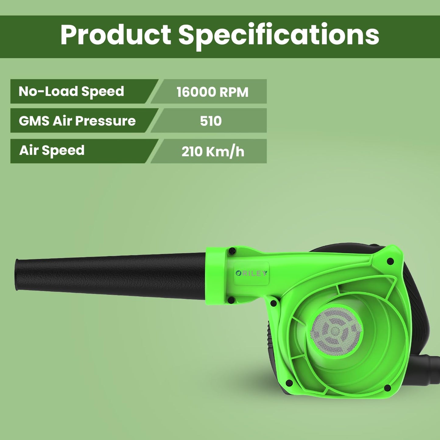 ORILEY 500W Electric Air Blower Garden Leaf Dust Cleaner 13000 RPM Suction 400GMS Airfoil Dirt Cleaning 170km/h Airflow with Unbreakable Body & Glossy Finish for Snow (Green)