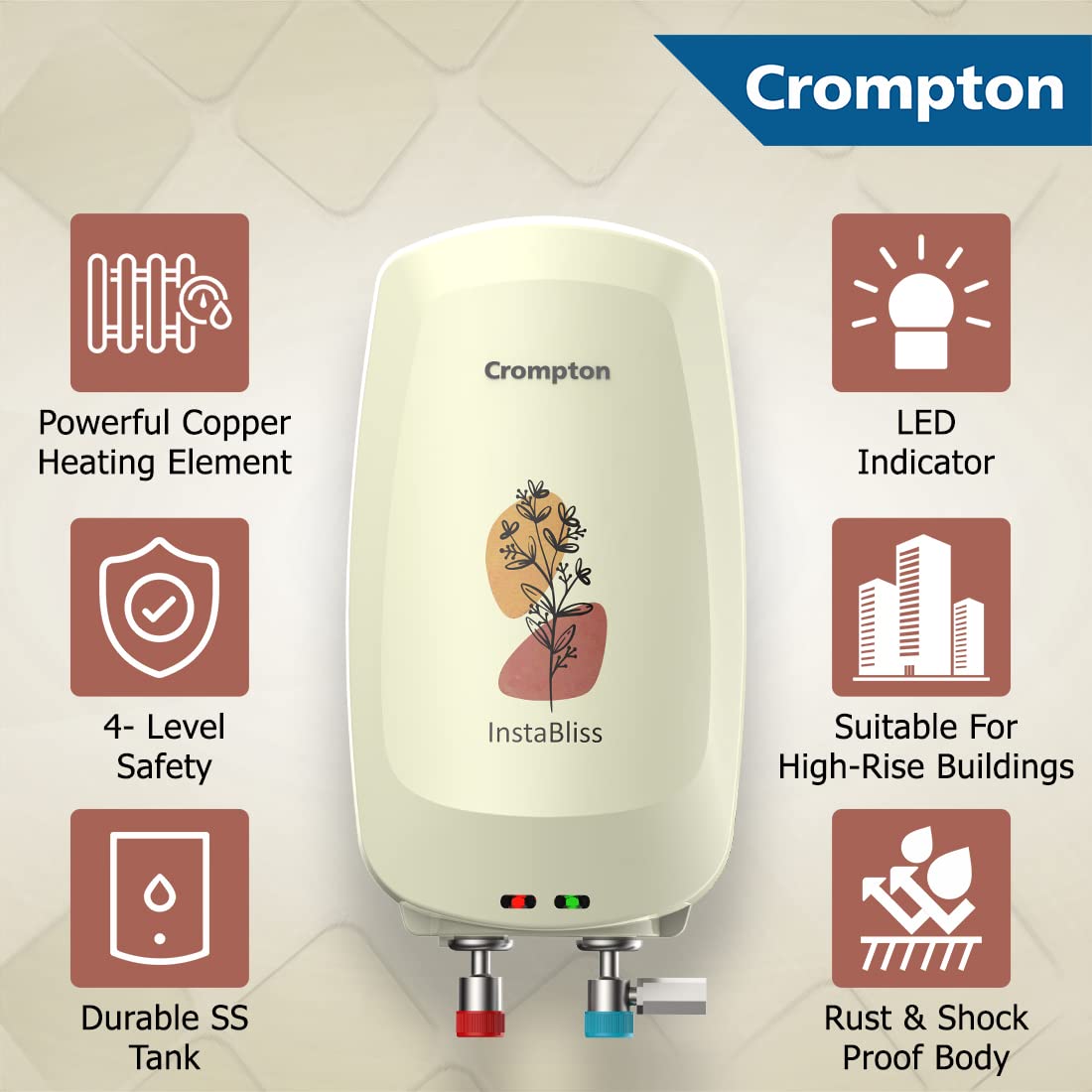 Crompton InstaBliss|3L|3000-Watts Powerful Heating|Electric Instant Water Heater (Geyser) for home|High Grade SS Tank with Advanced 4 Level Safety|Rust-Proof|White|Wall Mounting