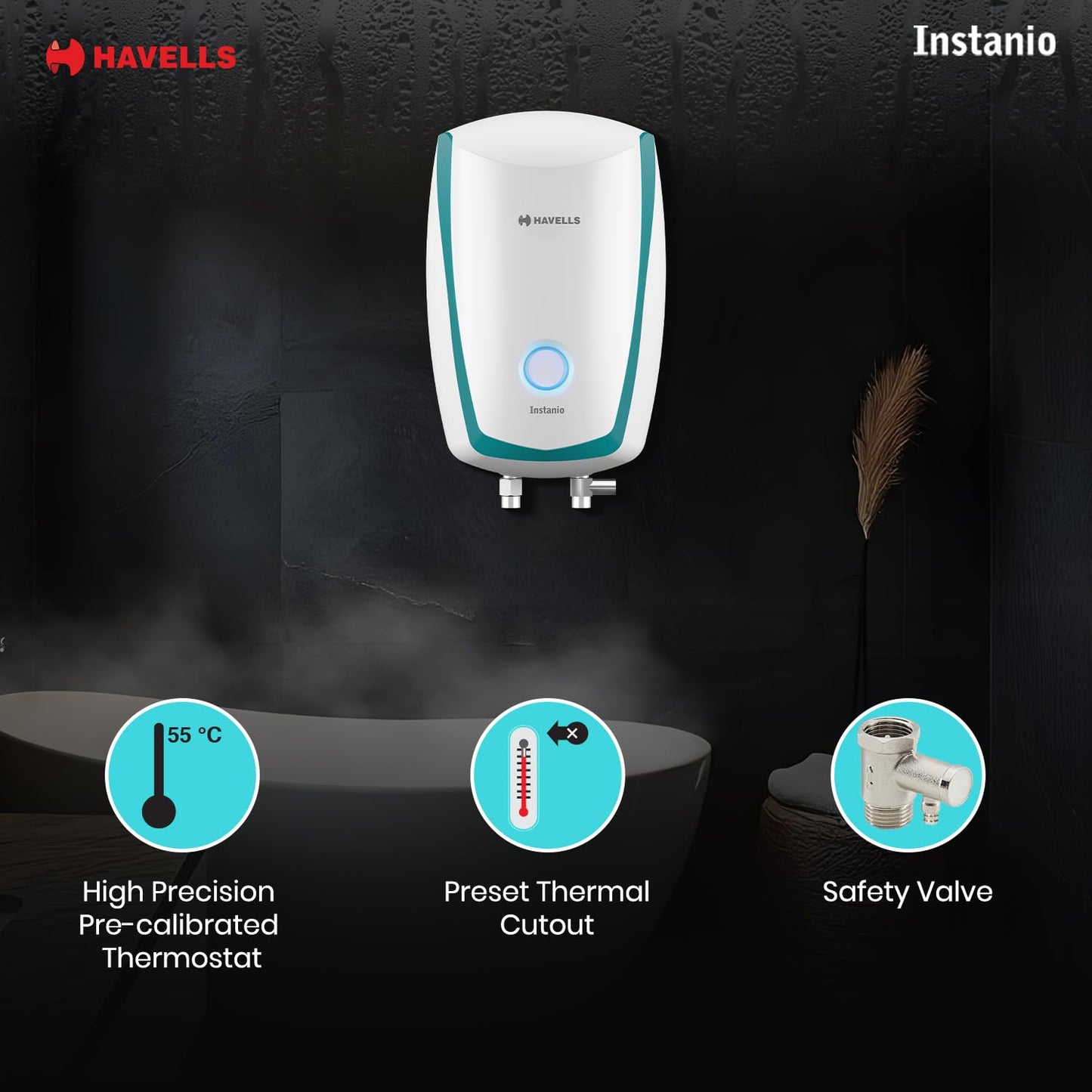 Havells Instanio 3 Litre Instant Water Heater | Color Changing LED Indicator, Rust & Shook Proof | SS Tank, ISI Certified, Warranty: 5 year on Inner Container ; 2 year comprehensive | (White Blue)