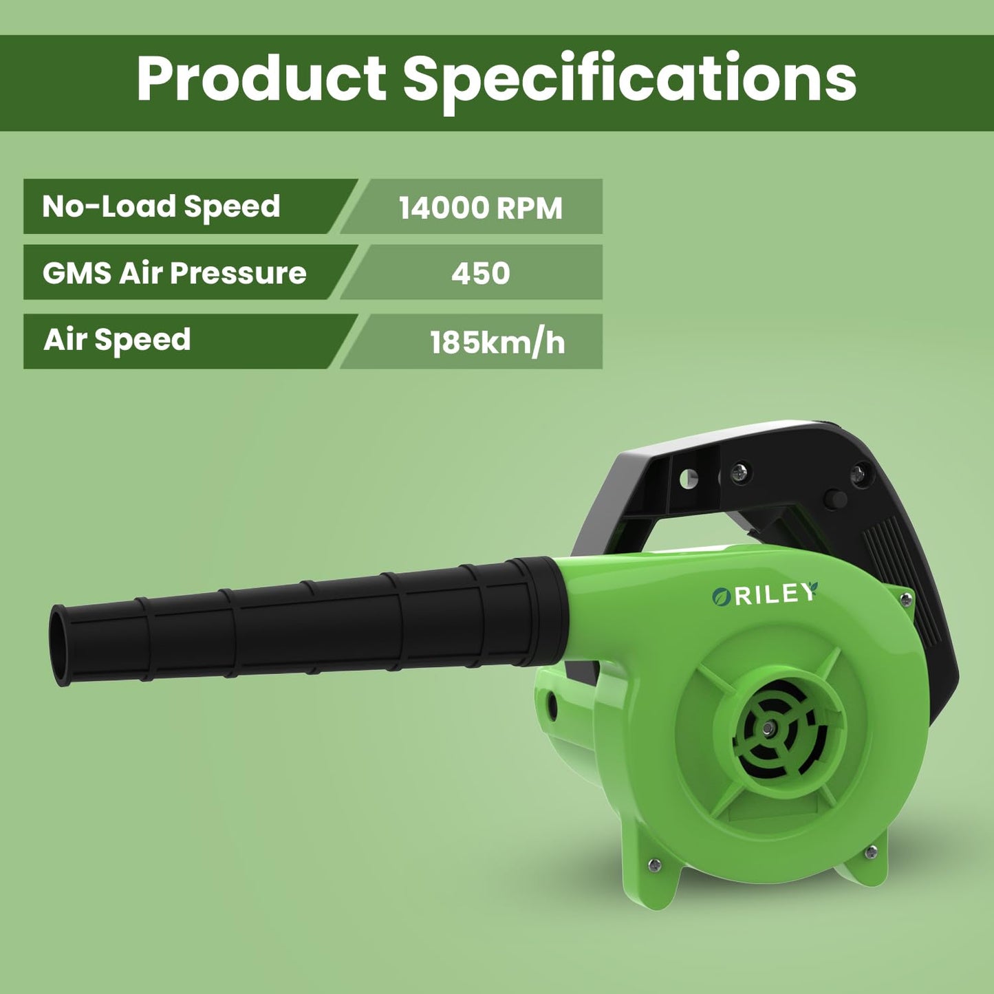 ORILEY 500W Electric Air Blower Garden Leaf Dust Cleaner 13000 RPM Suction 400GMS Airfoil Dirt Cleaning 170km/h Airflow with Unbreakable Body & Glossy Finish for Snow (Green)