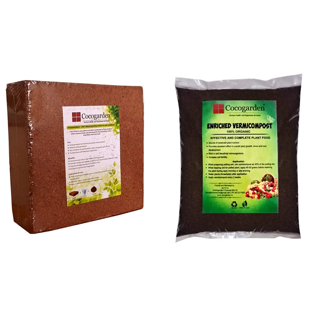 Cocogarden® Cocopeat Block - Expands Up to 75 litres of Coco Peat Powder & Cocogarden Enriched Vermicompost 5 Kg - Effective and Complete Plant Food