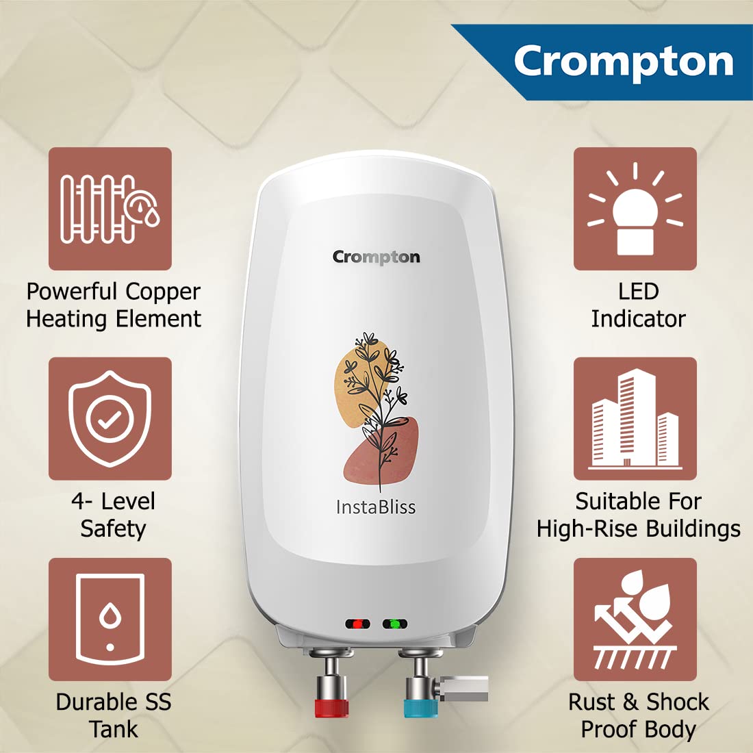 Crompton InstaBliss|3L|3000-Watts Powerful Heating|Electric Instant Water Heater (Geyser) for home|High Grade SS Tank with Advanced 4 Level Safety|Rust-Proof|White|Wall Mounting