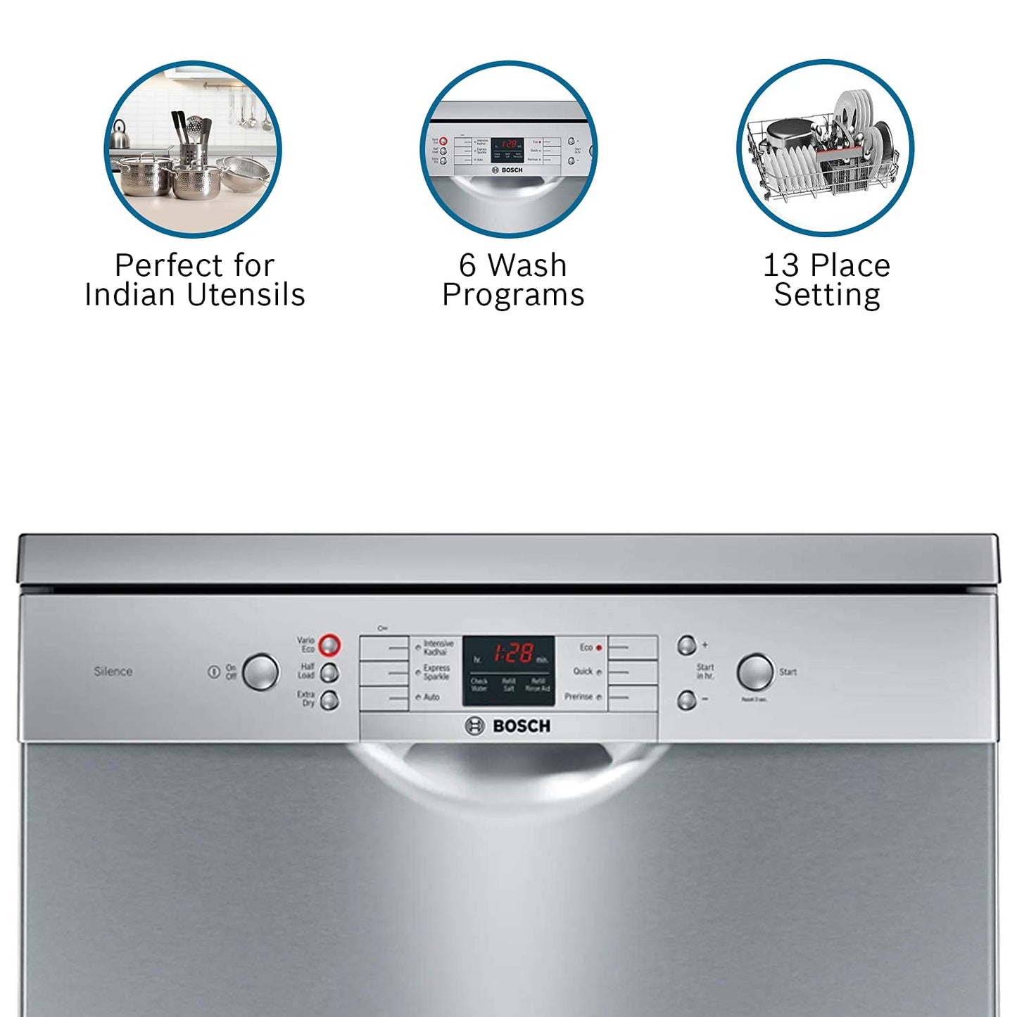 Bosch 13 Place Settings, Free Standing Dishwasher (SMS66GI01I, Silver Inox), extra dry and hygienic wash