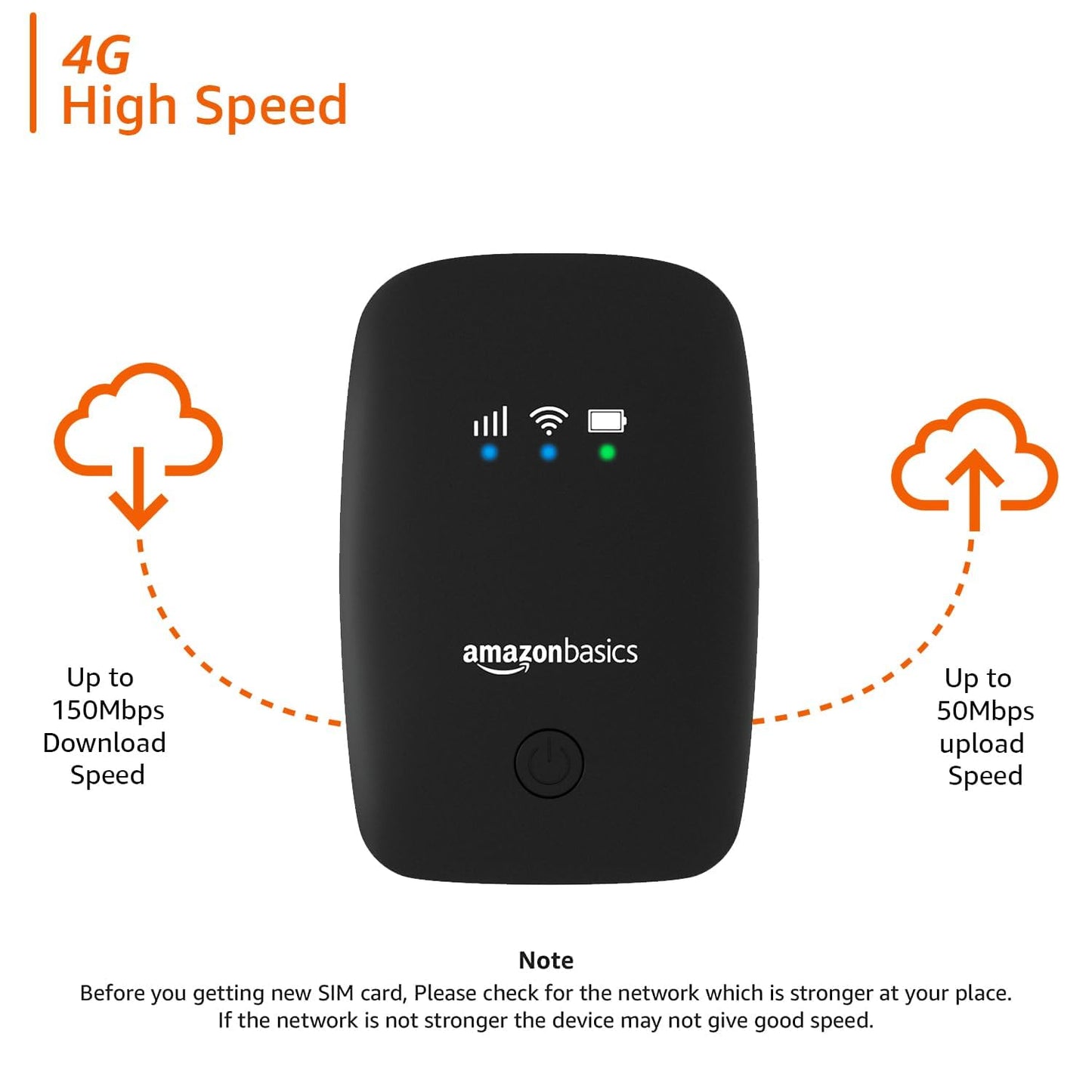 Amazon Basics 4G LTE Wireless Dongle with All Sim Network Support|Single_Band Plug & Play Data Card Stick with Up to 150Mbps WiFi Hotspot|2200Mah Rechargeable Battery| Sim Adapter Included (Black)