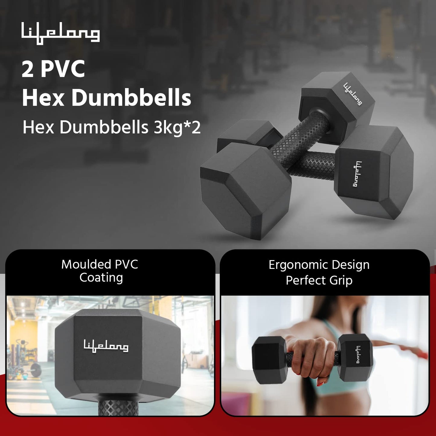 Lifelong PVC Hex Dumbbells Pack of 2 (5kg*2) Black Color for Home Gym Equipment Fitness Barbell|Gym Exercise|Home Workout, Gym Dumbbells|Dumbbells Weights for Men & Women (6 Months Warranty)