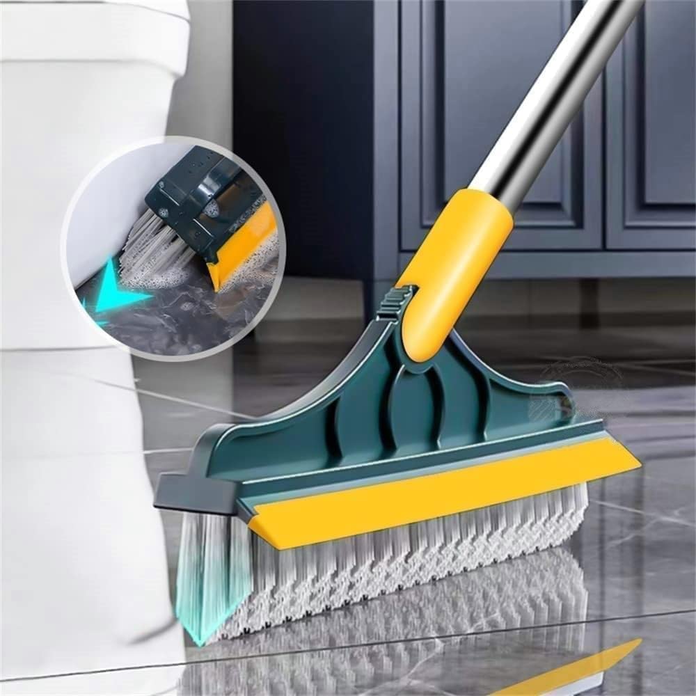 Bathroom Cleaning Brush with Wiper 2 in 1 Tiles Cleaning Brush with Long Handle 120° Rotate Bathroom Floor Cleaning Brush Floor Scrub Bathroom Brush Home (Yellow-Green-Siver)