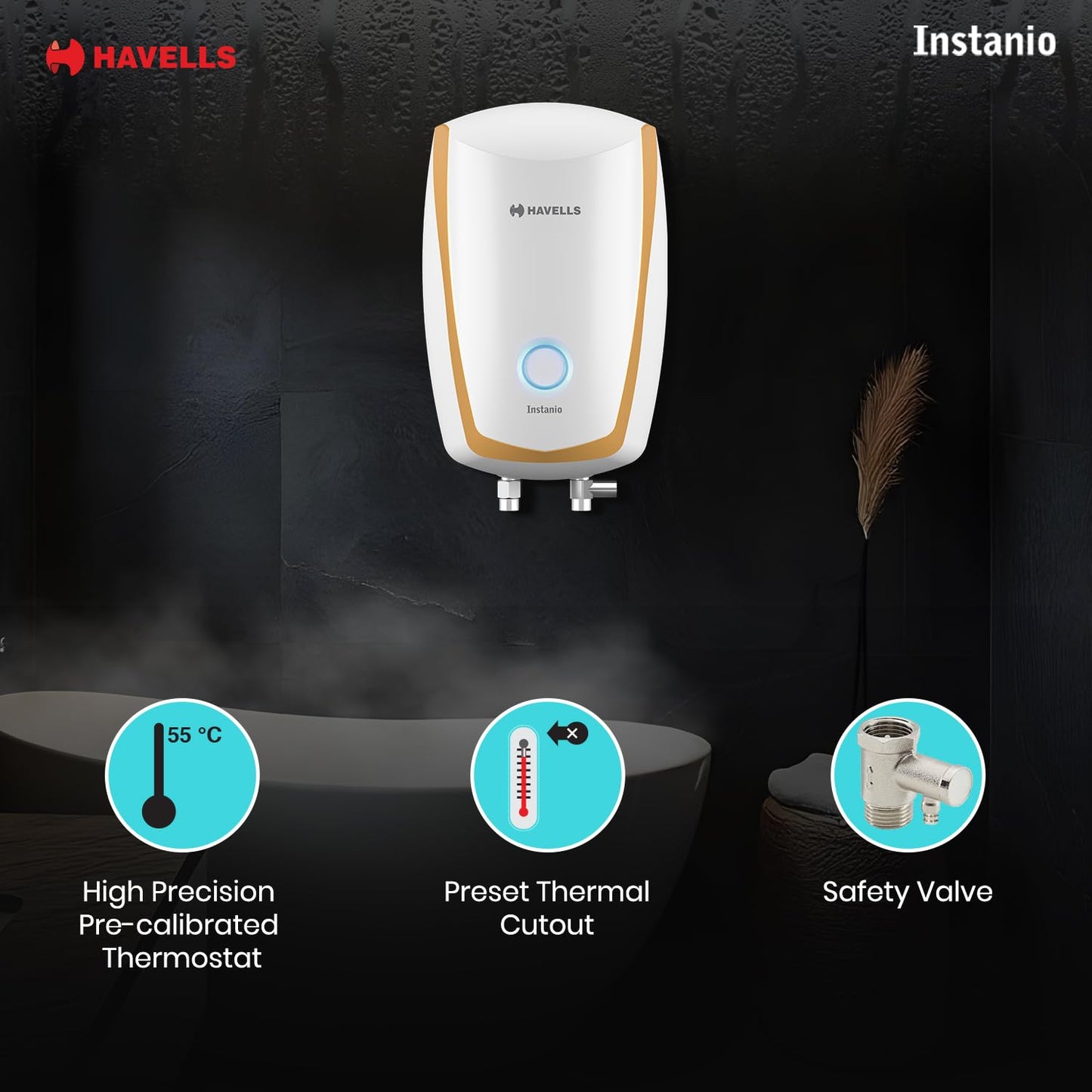 Havells Instanio 3 Litre Instant Water Heater | Color Changing LED Indicator, Rust & Shook Proof | SS Tank, ISI Certified, Warranty: 5 year on Inner Container ; 2 year comprehensive | (White Blue)