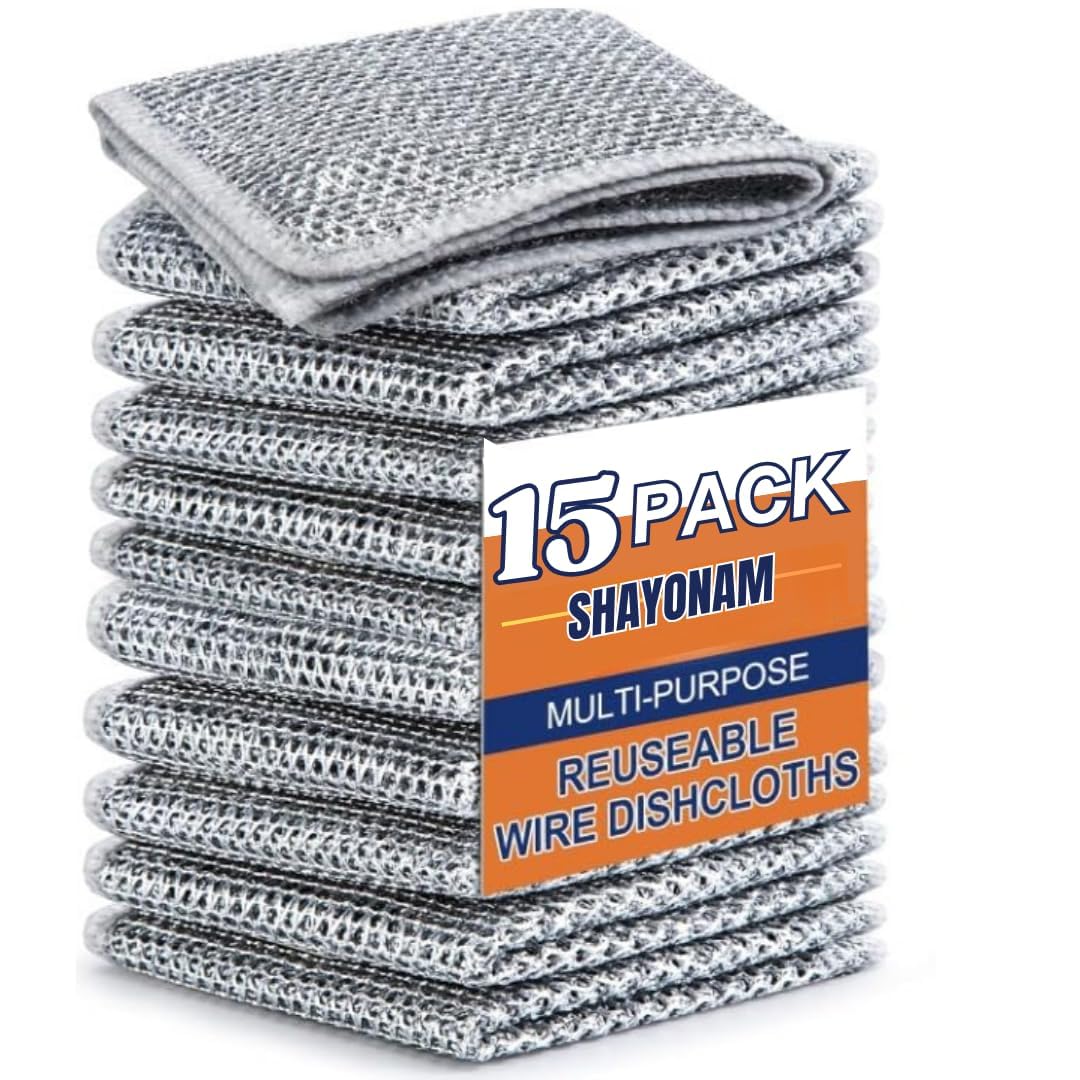 SHAYONAM Pack 15 Multipurpose Wire Dishwashing Rags for Wet and Dry Stainless Steel Scrubber Non-Scratch Wire Dishcloth for Washing Dishes Sinks Counters Easy Rinsing Machine Washable/*-