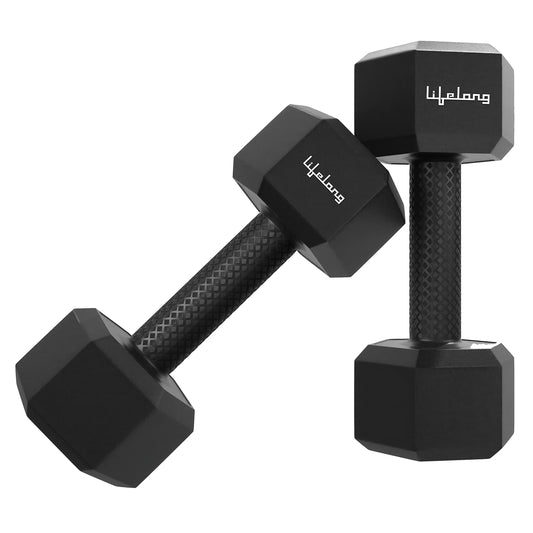 Lifelong PVC Hex Dumbbells Pack of 2 (5kg*2) Black Color for Home Gym Equipment Fitness Barbell|Gym Exercise|Home Workout, Gym Dumbbells|Dumbbells Weights for Men & Women (6 Months Warranty)