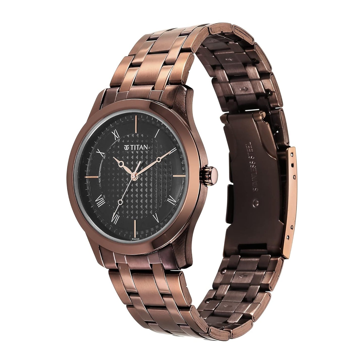 Titan Men Stainless Steel Analog Black Dial Casual Watch, Band Color-Brown