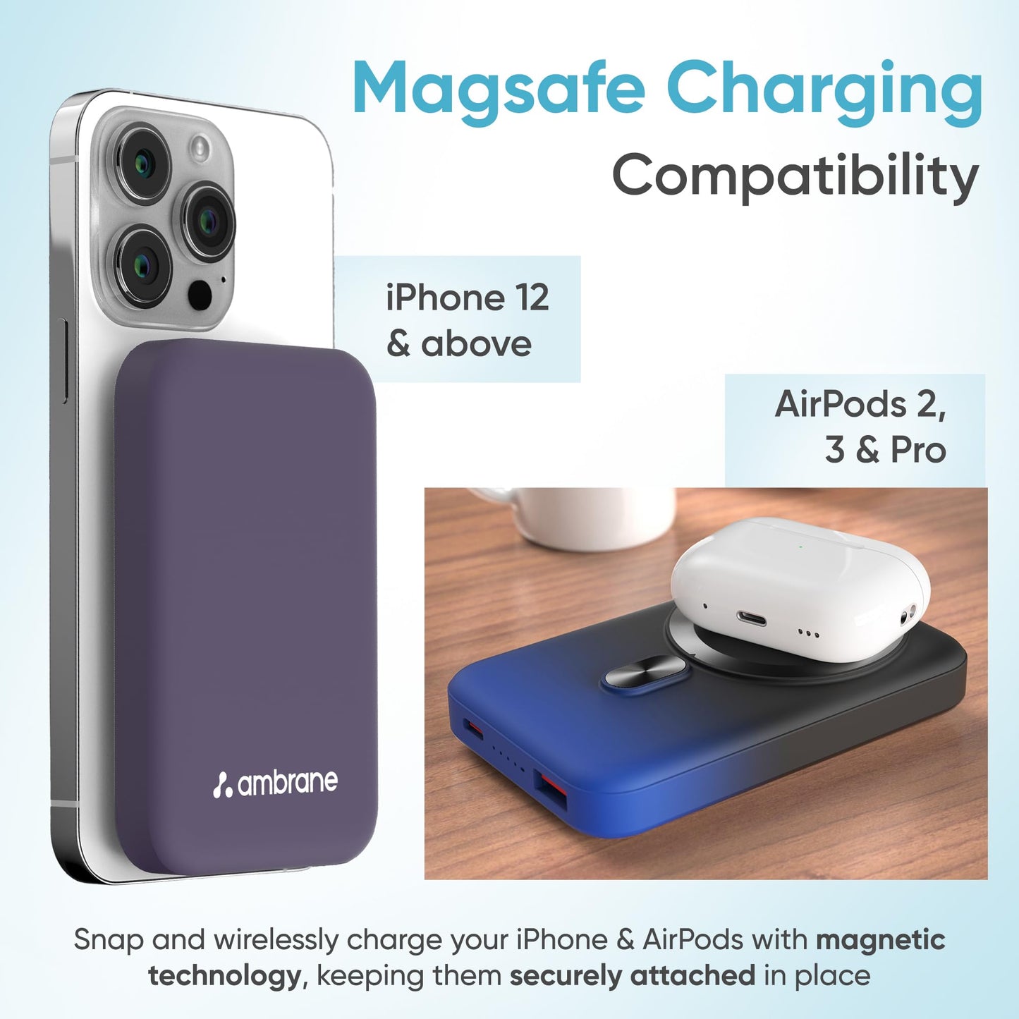 Ambrane MagSafe Wireless 10000mAh Fast Charging Power Bank, Strong Magnet, 22.5W Output for iPhone 12 & Above, Android & Other Qi Enabled Devices + Magnetic Ring (Aerosync Snap, Blue)