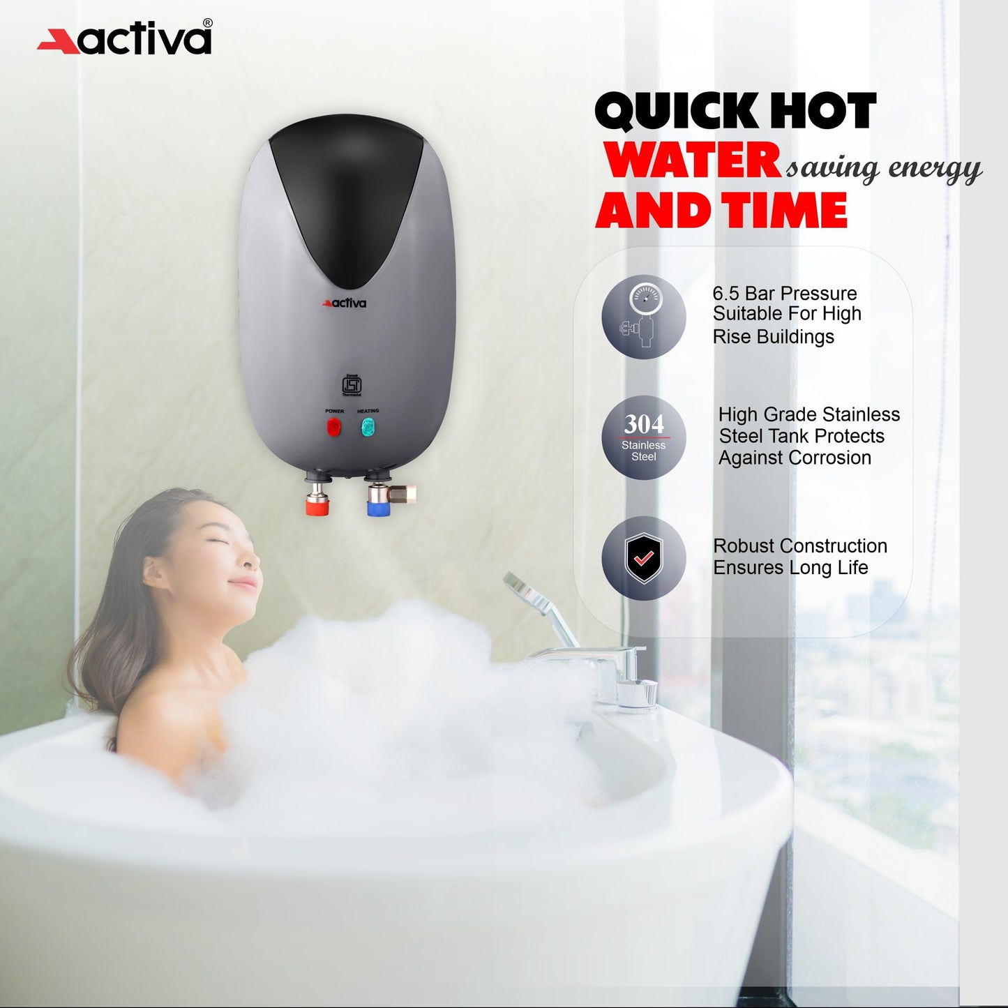 ACTIVA Instant Geyser 3 LTR 3 KVA Special Anti Rust Coated Tank, Full Abs Body Premium geyser Come With 5 Years Warranty (CD Green & Black),Wall