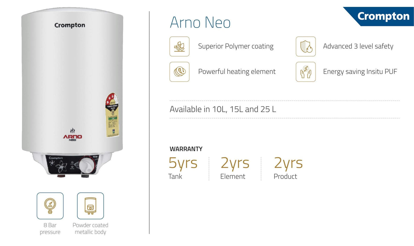 Crompton Arno Neo 15-L 5 Star Rated Storage Water Heater (Geyser) with Advanced 3 Level Safety, National Energy Conservation Award Winner 2023