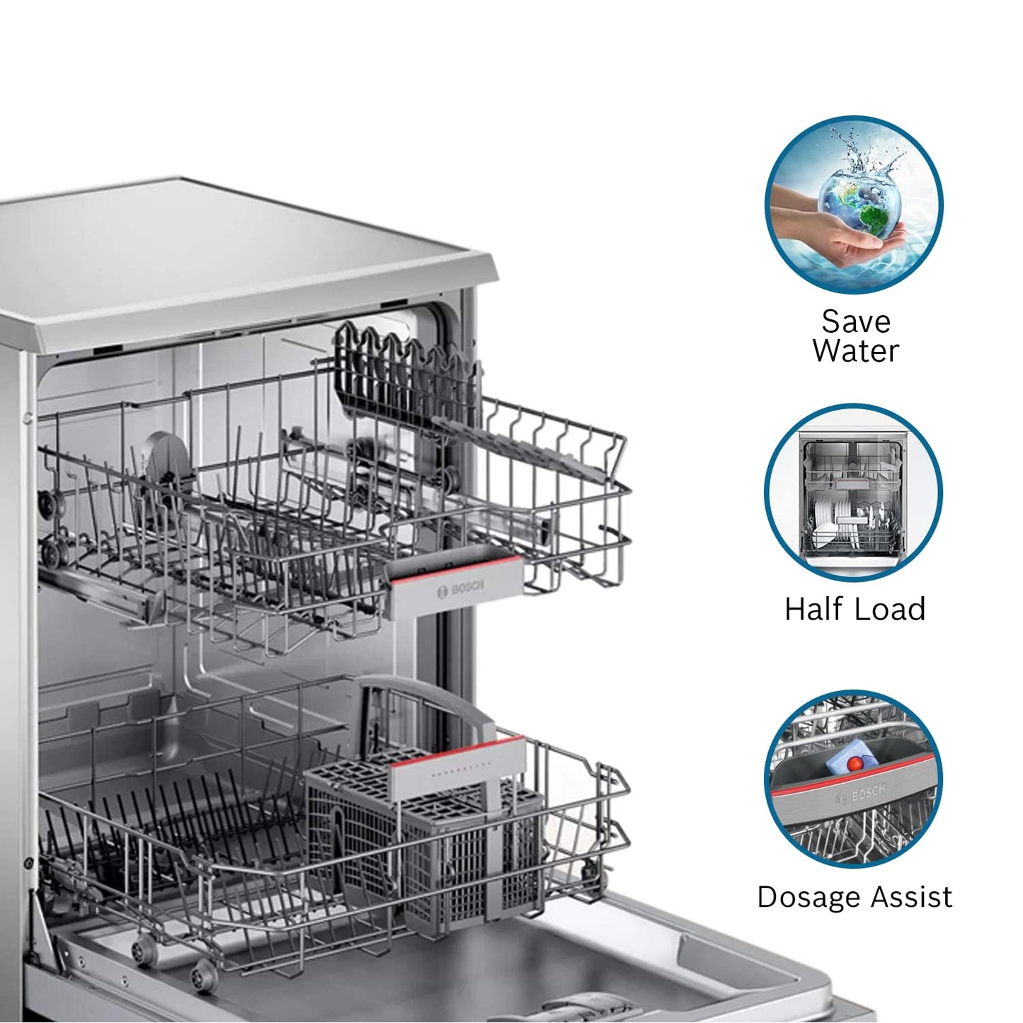 Bosch 13 Place Settings, Free Standing Dishwasher (SMS66GI01I, Silver Inox), extra dry and hygienic wash