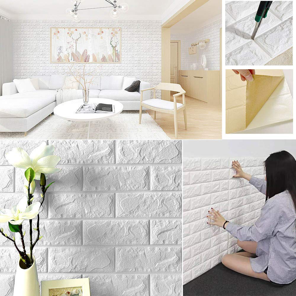 POZET 3D Brick Wallpaper PE Foam self Adhesive Brick Design Wall Stickers/DIY Wallpaper for Home Hotel Living Room Bedroom Cafe Deco (70 x 77 cm, White)