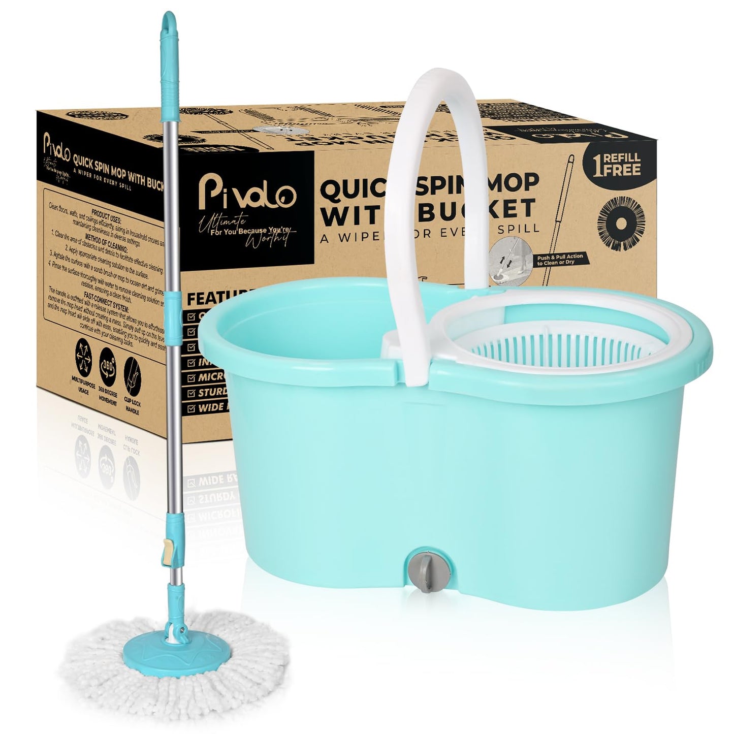 Pivalo Bucket Quick Spin Mop with 2 Microfiber Wet Dry Mophead Floor Cleaning pocha Extendable Handle Removable Wringer 360° Floor Cleaner Mopping Set (Random Colour)