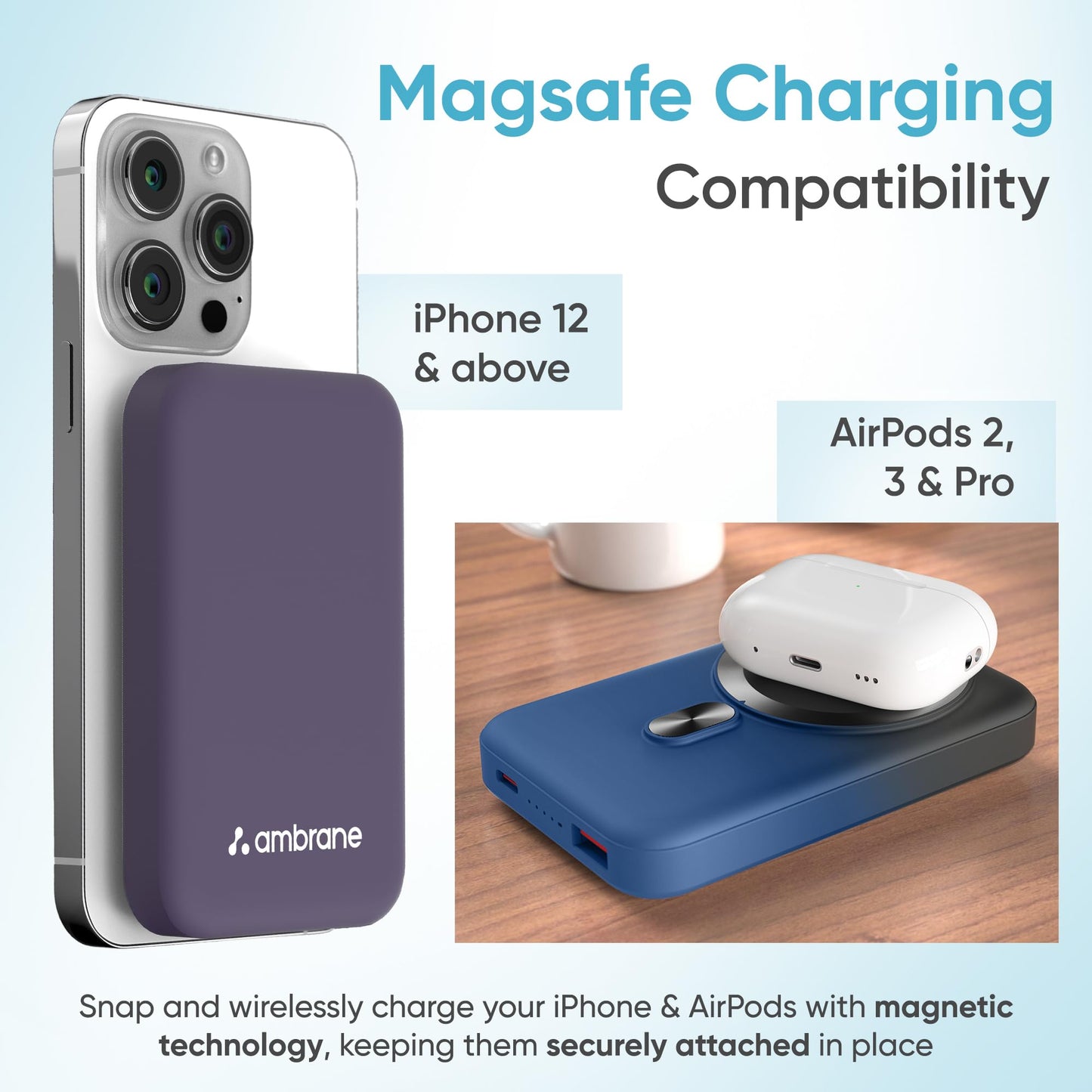 Ambrane MagSafe Wireless 10000mAh Fast Charging Power Bank, Strong Magnet, 22.5W Output for iPhone 12 & Above, Android & Other Qi Enabled Devices + Magnetic Ring (Aerosync Snap, Blue)