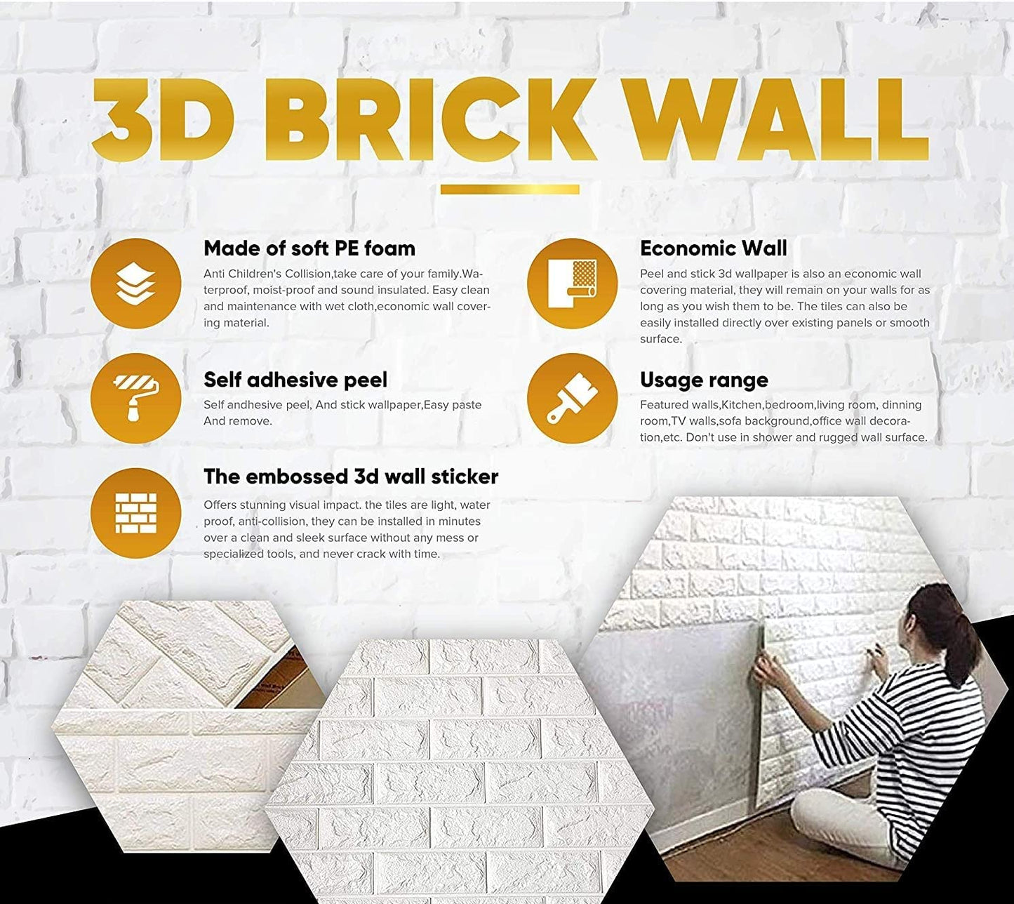 POZET 3D Brick Wallpaper PE Foam self Adhesive Brick Design Wall Stickers/DIY Wallpaper for Home Hotel Living Room Bedroom Cafe Deco (70 x 77 cm, White)