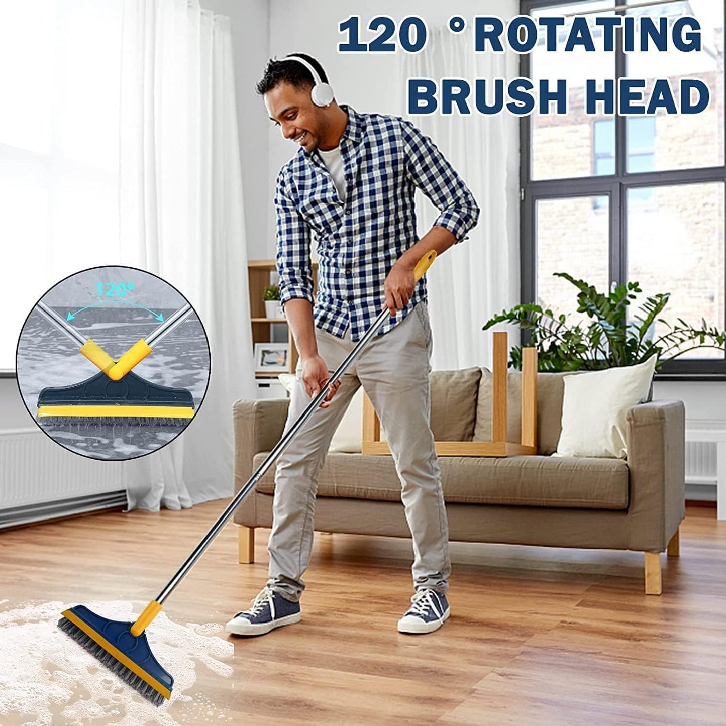 VYOOx Bathroom Cleaning Brush with Wiper, 120° Rotating Brush and Long Handle, 2-in-1 Floor Scrub and Tile Cleaning Brush (Pack of-1)