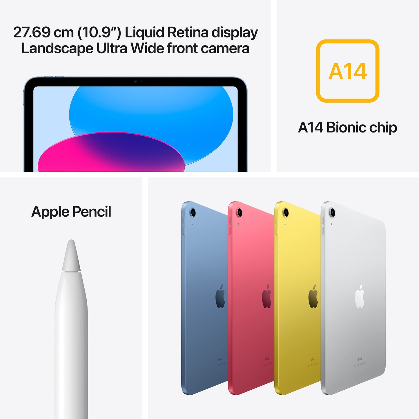 Apple iPad (10th Generation): with A14 Bionic chip, 27.69 cm (10.9″) Liquid Retina Display, 64GB, Wi-Fi 6, 12MP front/12MP Back Camera, Touch ID, All-Day Battery Life – Silver