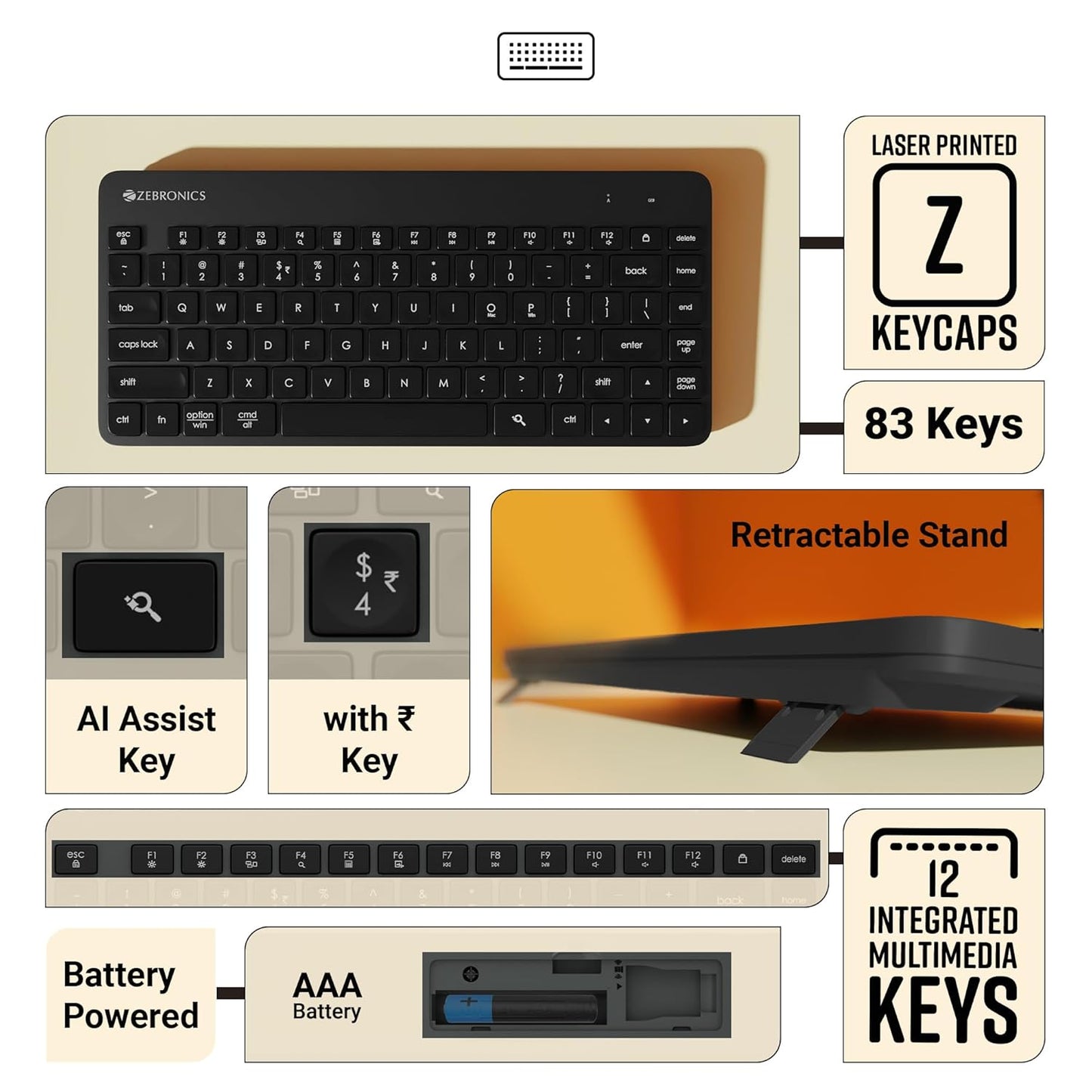 ZEBRONICS Companion 201 2.4GHz Wireless Keyboard & Mouse Combo, 83 Keys, AI Assist Key, 12 Integrated Multimedia Keys, 3 Button Mouse, 1600 DPI, High Precision, Silent Operation (Black)