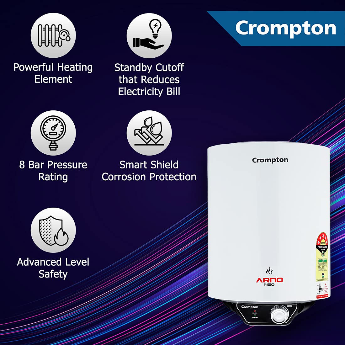 Crompton Arno Neo 15-L 5 Star Rated Storage Water Heater (Geyser) with Advanced 3 Level Safety, National Energy Conservation Award Winner 2023