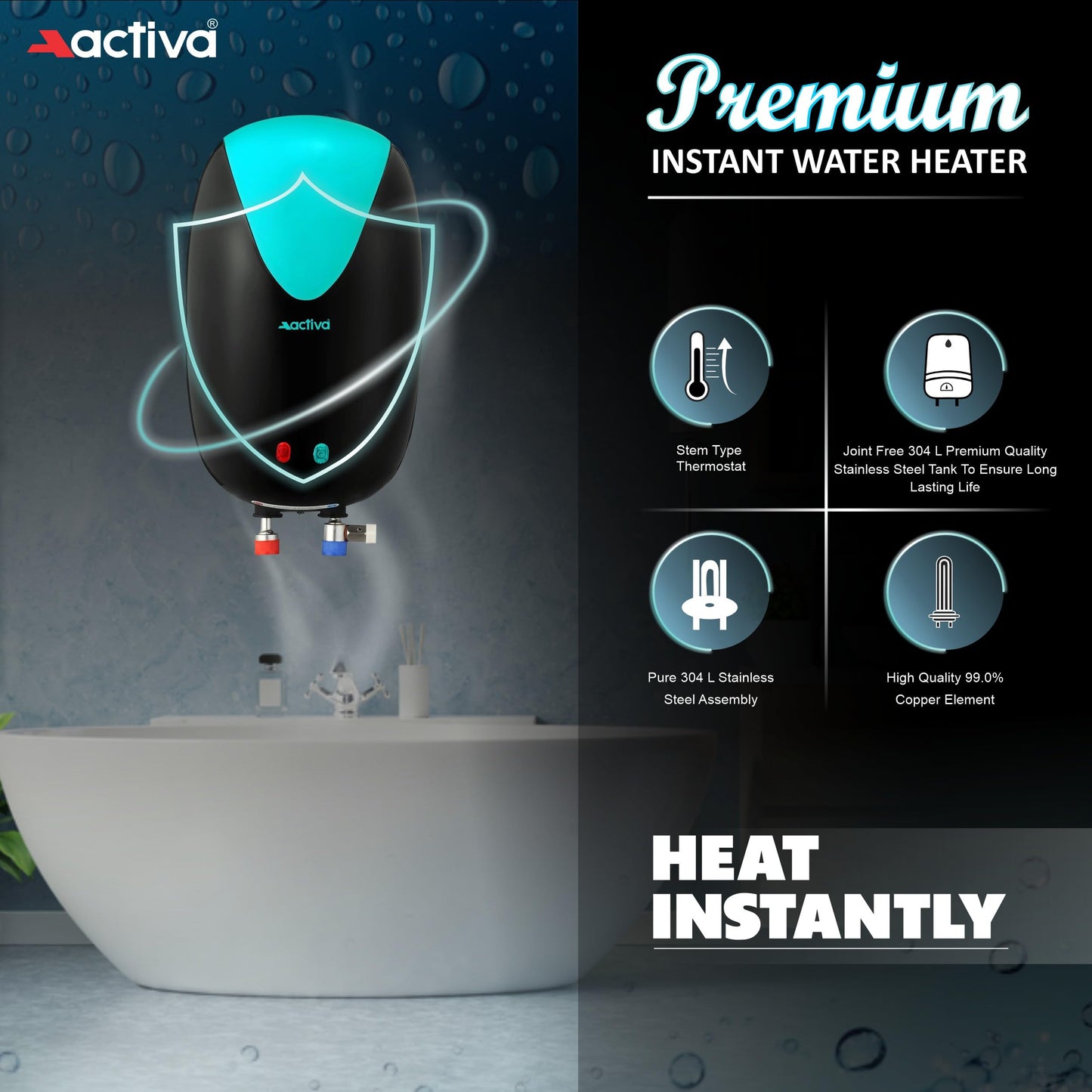 ACTIVA Instant Geyser 3 LTR 3 KVA Special Anti Rust Coated Tank, Full Abs Body Premium geyser Come With 5 Years Warranty (CD Green & Black),Wall