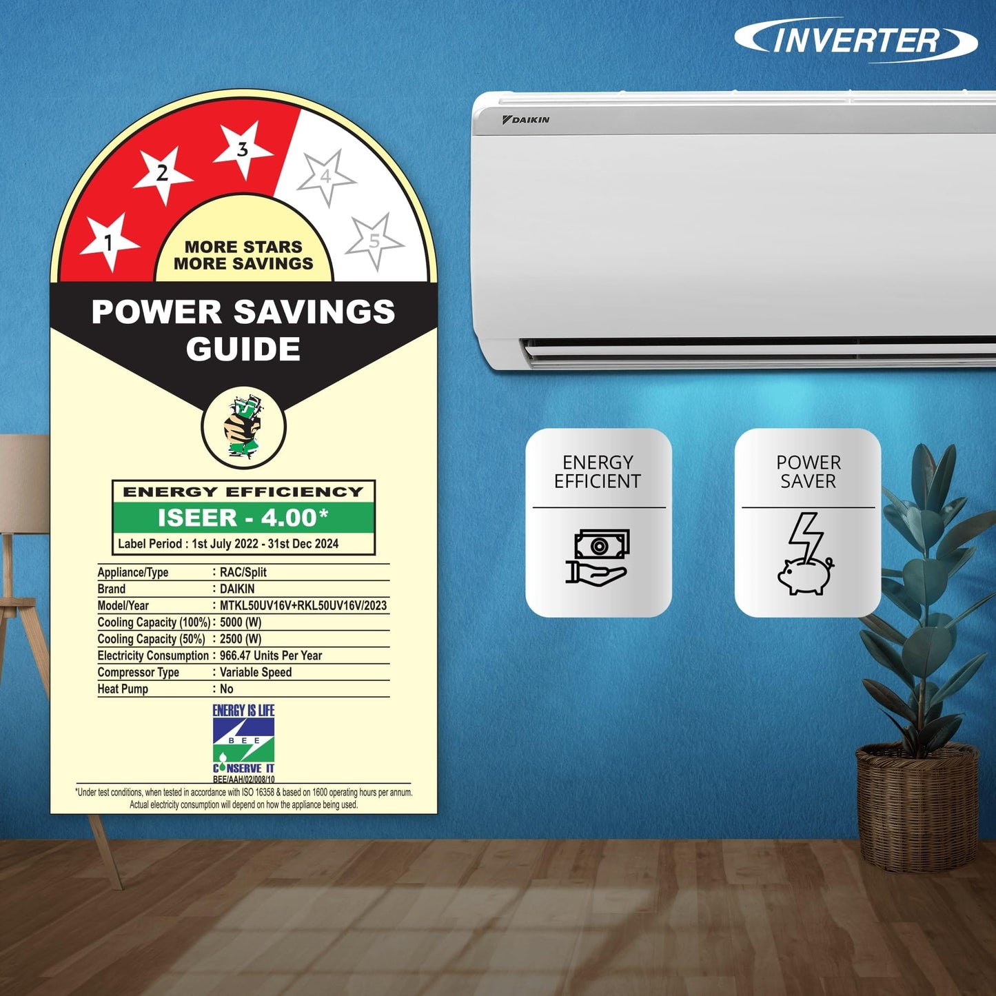 Daikin 1.5 Ton 3 Star Inverter Split AC (Copper, PM 2.5 Filter, Triple Display, Dew Clean Technology, Coanda Airflow, 2024 Model, MTKL50U, White)