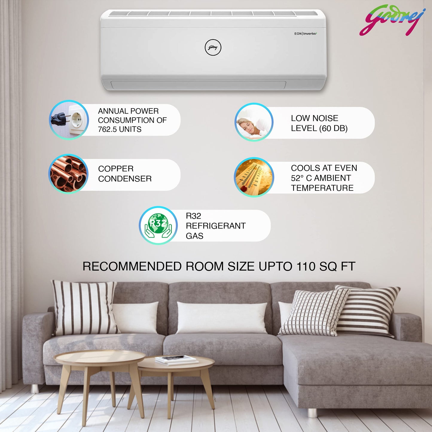 Godrej 1 Ton 3 Star, 5 Years Comprehensive Warranty, 5-In-1 Convertible Cooling, Inverter Split AC (Copper, I-Sense Technology, 2024 Model, AC 1T EI 12TINV3R32-GWA Split, White)