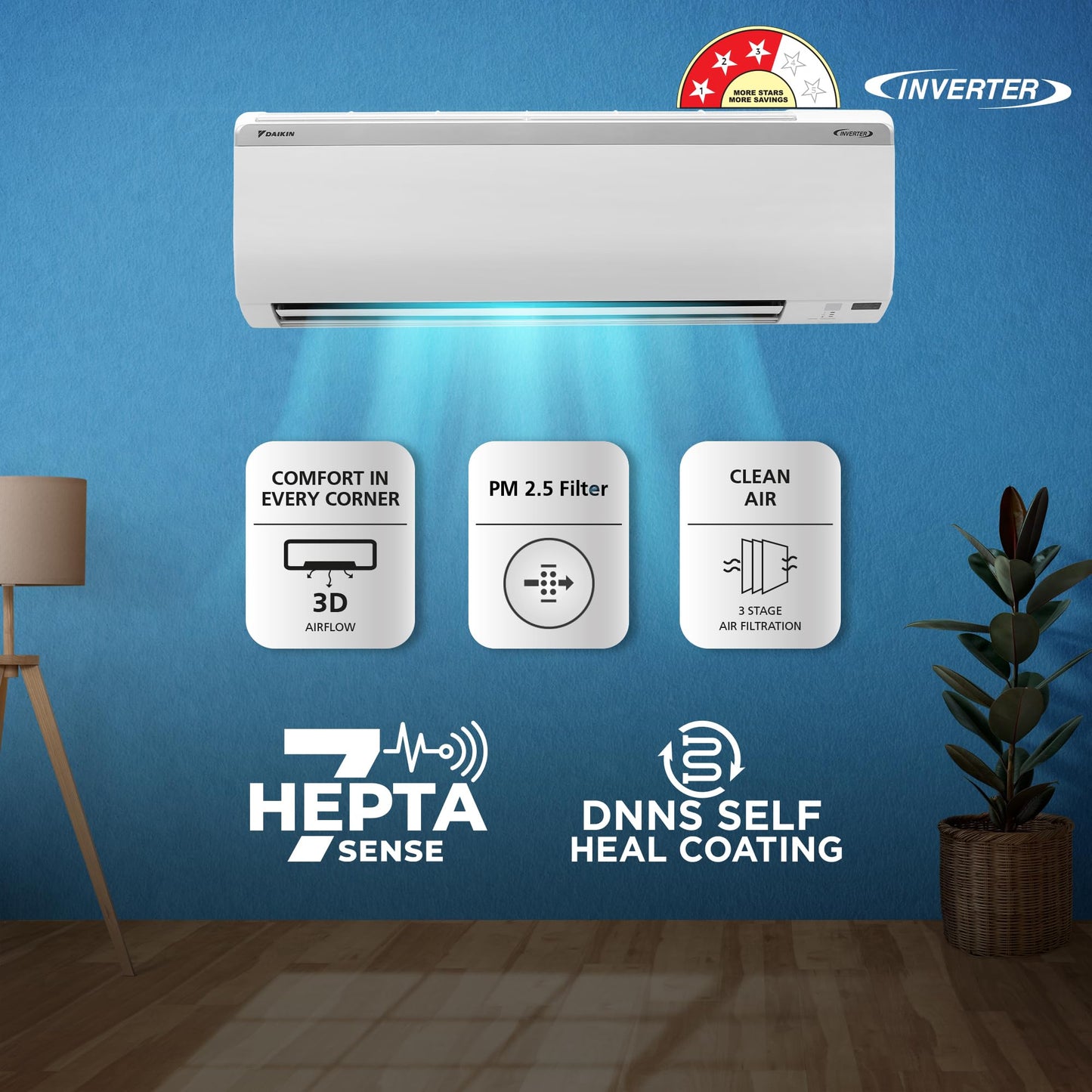 Daikin 1.5 Ton 3 Star Inverter Split AC (Copper, PM 2.5 Filter, Triple Display, Dew Clean Technology, Coanda Airflow, 2024 Model, MTKL50U, White)