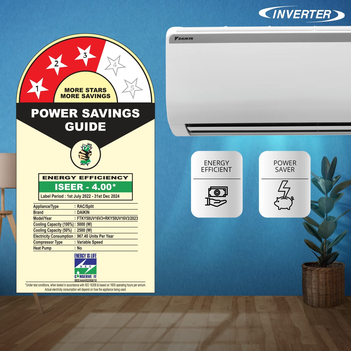 Daikin 1.5 Ton 3 Star Inverter Split AC (Copper, PM 2.5 Filter, Triple Display, Dew Clean Technology, Coanda Airflow, 2024 Model, MTKL50U, White)