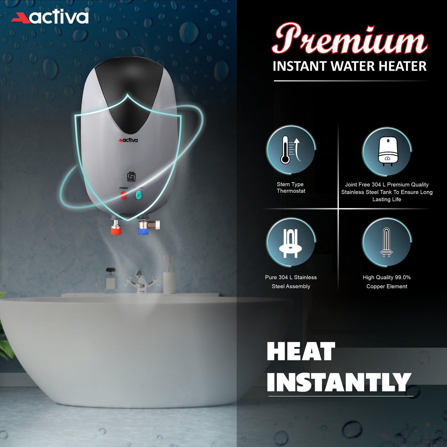 ACTIVA Instant Geyser 3 LTR 3 KVA Special Anti Rust Coated Tank, Full Abs Body Premium geyser Come With 5 Years Warranty (CD Green & Black),Wall