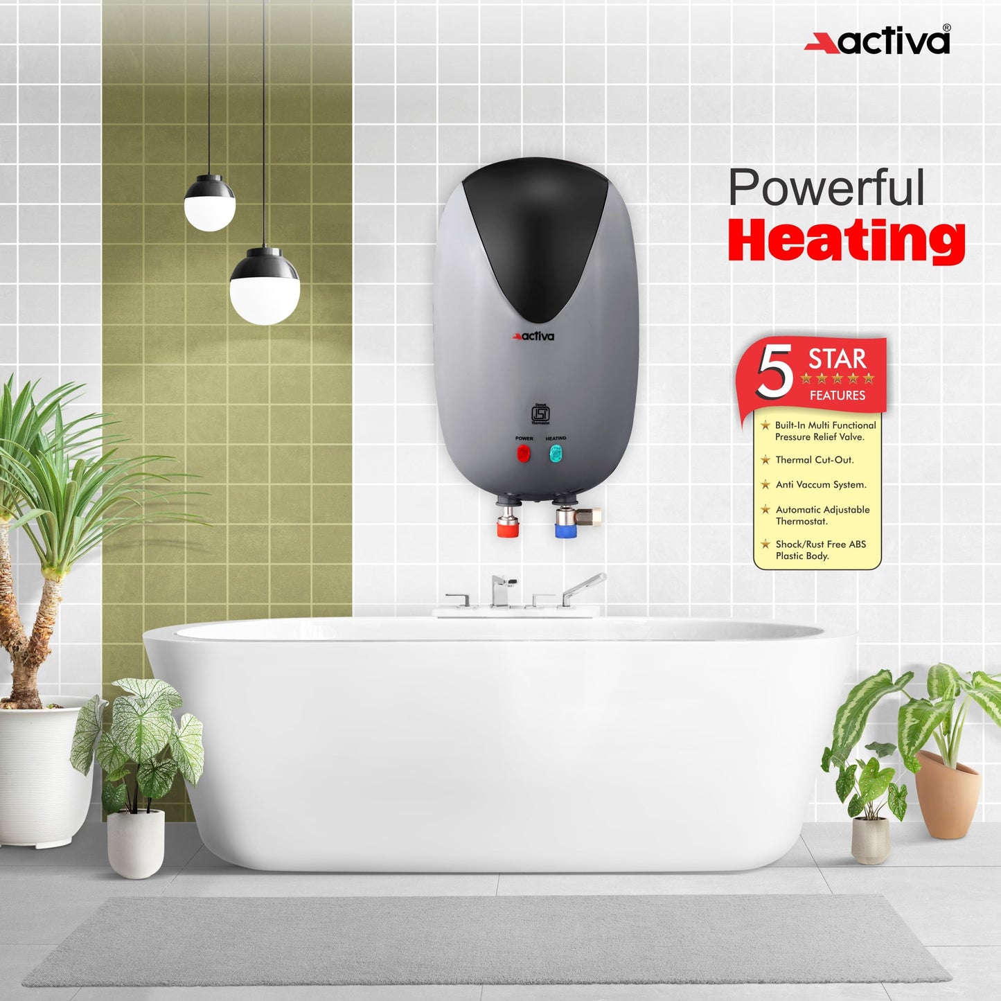 ACTIVA Instant Geyser 3 LTR 3 KVA Special Anti Rust Coated Tank, Full Abs Body Premium geyser Come With 5 Years Warranty (CD Green & Black),Wall